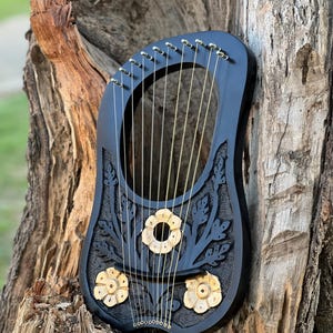 May include: A black wooden lyre with gold accents and floral carvings. The lyre has 10 strings and is resting on a tree trunk.