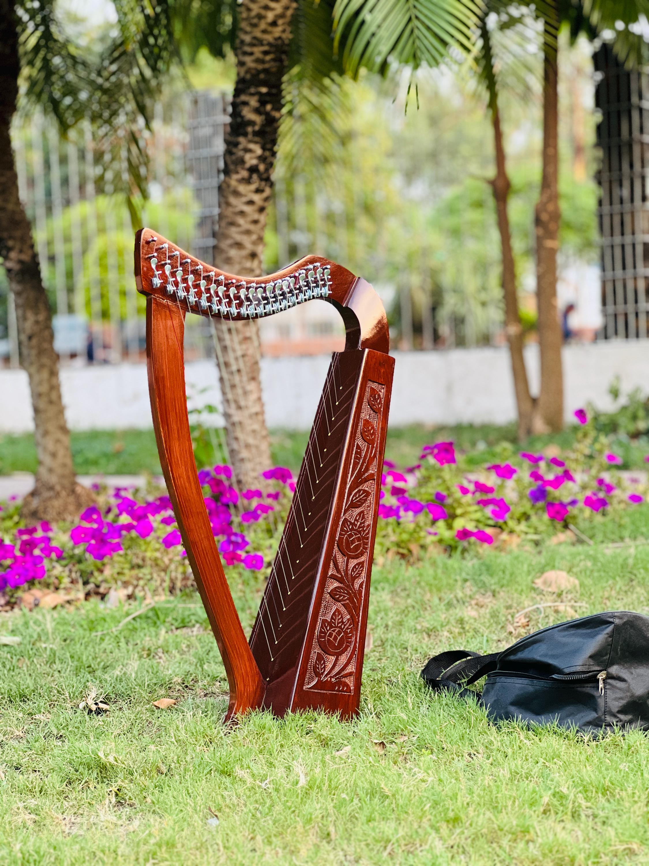 Rosewood 19 Strings Irish Lever Lyre Harp with Free Carry Bag, Tunning Key And Nylon Mono Tech Strings
