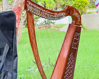 Rosewood Celtic Design 22 Strings Irish Lever Lyre Harp with Free Carry Bag, Tunning Key And Nylon Mono Tech Strings