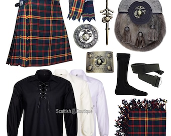 Men's Antique US Marine 10 Pieces Tartan Scottish Wedding Kilt Outfit Set Available In 60+ Tartans