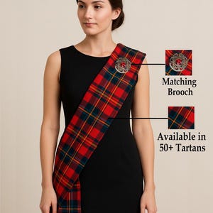 Traditional Women&#39;s Tartan Sash Highland Full Size Sash Width 11 x Length 90 - Plaid Ladies Sash With Brooch, Authentic Clan 50+ Tartans