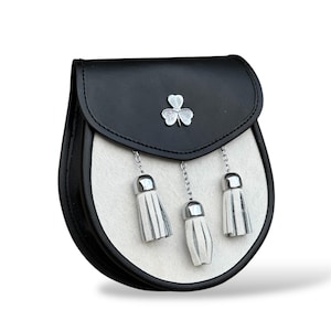 Scottish Black Kilt Sporran Shamrock Badge Chrome 3 Tassels White Kilt Sporran With Chain Belt