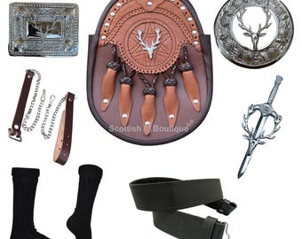 Scottish Sporran Seven Pieces Kilt Set Staghead Badge Brown Sporran + Brooch + Buckle + Pin + Belt + Socks + Chain