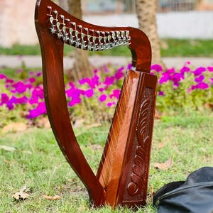 Könnte beinhalten: Eine Holzharmonie mit einer satten, dunkelbraunen Oberfläche. Das Instrument hat einen gebogenen Hals mit Stimmwirbeln und einen Resonanzkörper mit geschnitzten dekorativen Elementen. Die Harfe steht auf einer grasbewachsenen Fläche mit lila Blumen im Hintergrund.
