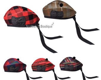Gorro Glengarry de tartán - Gorro militar estilo highlander - Gorro escocés de tartán para kilt - Transpirable y cómodo - Disponible en más de 80 tartanes