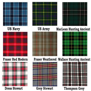 Pu&ograve; includere: Una griglia di nove campioni di tessuto con vari motivi a quadri etichettati US Navy, US Army, MacLean Hunting Ancient, Fraser Red Modern, Fraser Weathered, Wallace Hunting Ancient, Dress Stewart, Grey Stewart e Thompson Grey.