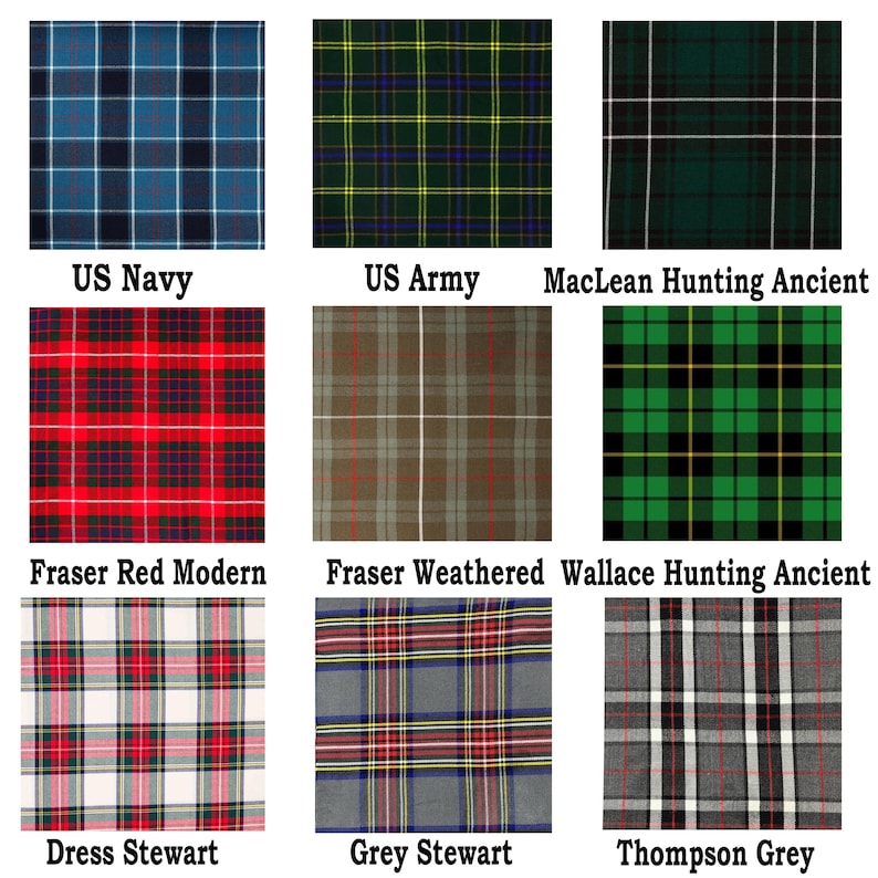 Pu&ograve; includere: Una griglia di nove campioni di tessuto con vari motivi a quadri etichettati US Navy, US Army, MacLean Hunting Ancient, Fraser Red Modern, Fraser Weathered, Wallace Hunting Ancient, Dress Stewart, Grey Stewart e Thompson Grey.