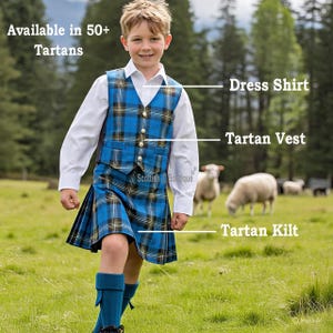 Kids Kilt Outfit Traditional Tartan Kilt And Dress Shirt With Tartan Vest Available in 50+ Tartans