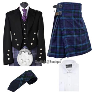 May include: A traditional Scottish outfit comprising a black jacket, waistcoat, and kilt in a blue and purple tartan design. The set includes a white dress shirt, a matching tie, and a white sporran. The kilt has leather straps.