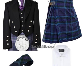 Completo da uomo a 4 pezzi con giacca e kilt, ideale per matrimoni nelle Highlands. Disponibile in oltre 50 tartan.