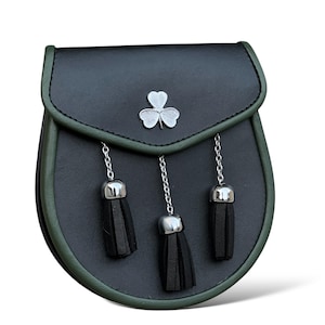 Shamrock Badge Kilt Sporran Traditional Black Leather Sporran Bag With Chain Belt