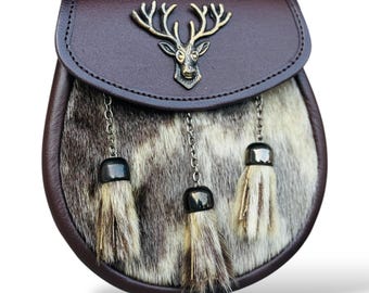 Schotse antieke bruine hertenkop kilt sporran 3 kwastjes leren kilt sporran met kettingriem