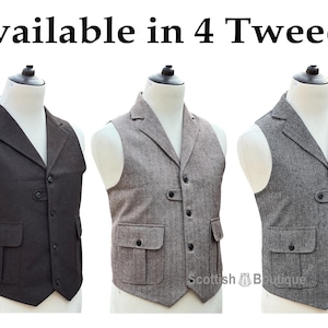 Men&#39;s Tweed Waistcoat 4 Button Fashion Kilt Wedding Vest Available in 4 Tweeds