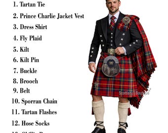 Men's Scottish Wedding 13 Pcs Prince Charlie Jacket Kilt Outfit Traditional Highland Custom Complete Kilt Outfit Set Available In 60+ Tartan