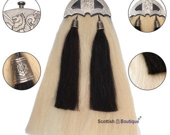 White Horse Hair Sporran Rampant Lion Badge 100% Original Two Black Tassels Long Kilt Bagpiper Sporran With Chain Belt