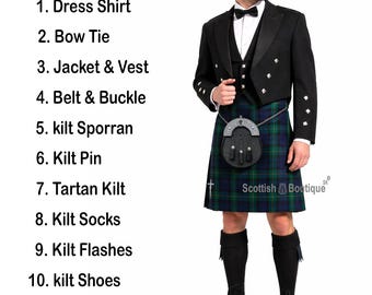 Men's Wedding Prince Charlie With 3 Button Vest 10 Pcs Kilt Outfit Traditional Complete Kilt Outfit Set Available In 70+ Tartans