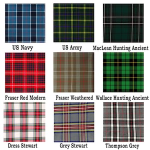 Peut inclure: Une grille de neuf &eacute;chantillons de tissu pr&eacute;sentant divers motifs &agrave; carreaux &eacute;tiquet&eacute;s US Navy, US Army, MacLean Hunting Ancient, Fraser Red Modern, Fraser Weathered, Wallace Hunting Ancient, Dress Stewart, Grey Stewart et Thompson Grey.