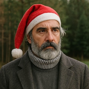 May include: A person wearing a red and white Santa hat, a black and white patterned scarf, and a gray coat. The person has a gray beard and is looking off to the side. The background is a blurred forest.