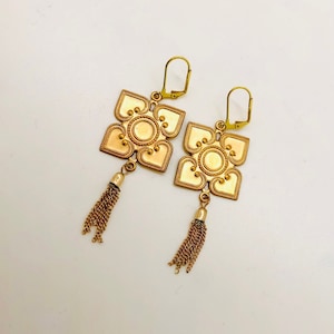 Turkish square tile brass stamping tassel dangle earrings | boho industrial art deco jewelry | 3”