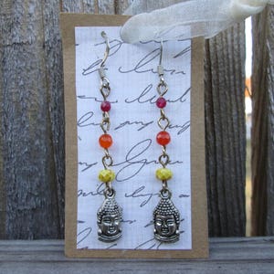 Buddha Annitya silver plated bead chain boho earrings with glass, agate, and citrine gemstones