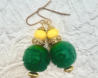 Carved Cinnabar Green Sphere Earrings: Czech Yellow Glass, Gold Tone, 1.5"