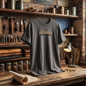 May include: A gray t-shirt with the word "PEACEMAKER" printed in a gold color. The shirt is displayed on a wooden desk in a workshop setting, with tools and leather goods visible in the background.