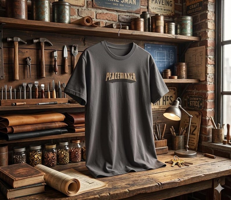 May include: A gray t-shirt with the word "PEACEMAKER" printed in a gold color. The shirt is displayed on a wooden desk in a workshop setting, with tools and leather goods visible in the background.