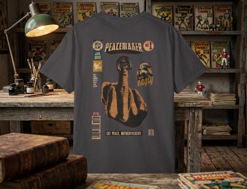 May include: Dark gray t-shirt featuring a comic book style design with the text "PEACEMAKER" and "EAT PEACE, MOTHERF#CKERS!". The graphic includes a figure with a raised middle finger and the word "eagly".