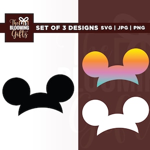 Peut inclure: Ensemble de trois motifs d'oreilles de Mickey Mouse en noir, blanc et un dégradé de jaune, orange, rose et bleu. Le texte "SET OF 3 DESIGNS SVG | JPG | PNG" est affiché.