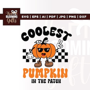 Puede incluir: Gráfico de estilo retro con una calabaza naranja con gafas de sol y haciendo el signo de la paz. El texto dice "COOLEST PUMPKIN IN THE PATCH" en negro y naranja, con un fondo a cuadros.
