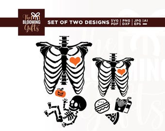 Könnte beinhalten: Schwarz-weiße digitale Designs zum Thema Halloween. Die Designs umfassen einen Brustkorb mit einem orangefarbenen Herz, ein Skelett, einen Kürbis und Fast-Food-Icons. Der Text "SET OF TWO DESIGNS" ist sichtbar.