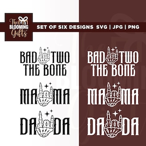 Magliette di compleanno per la famiglia "Bad Two the Bone" in formato SVG, compleanno rock roll in formato SVG, Cricut, sublimazione, rock sulla mano scheletrica in formato SVG, nato due rock