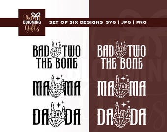 Camisetas familiares de cumpleaños Bad Two the Bone Svg, cumpleaños de rock roll Svg, Cricut, sublimación, rock en mano de esqueleto Svg, nacido dos rock