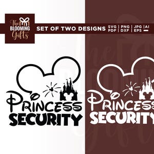以下が含まれることがあります： ミッキーマウスのシルエットに城と花火、そして「Princess Security」の文字が入った2つのデザイン。デザインは白黒で、テキストは太字の様式化されたフォントです。Blooming Giftsのロゴが上部にあります。