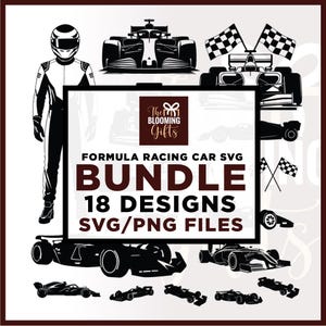 May include: A digital art bundle featuring Formula 1 racing car designs in SVG and PNG formats. The image includes illustrations of race cars, a driver in a racing suit, and checkered flags. The text reads "Formula Racing Car SVG Bundle, 18 Designs, SVG/PNG Files."