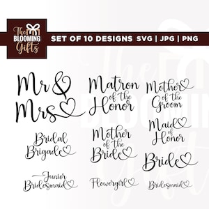 Bundle Svg fête nuptiale, demoiselle d'honneur, Svg mariée, Cricut, sublimation, demoiselle d'honneur mère marié, M. Mme Flowergirl Svg, Svg mariage, Png