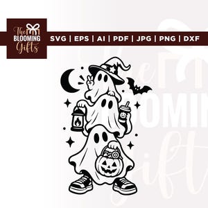May include: A black and white graphic design featuring three stacked ghosts. The top ghost wears a witch hat and makes a peace sign. The middle ghost holds a lantern and a drink cup. The bottom ghost carries a jack-o'-lantern bucket and wears trainers.