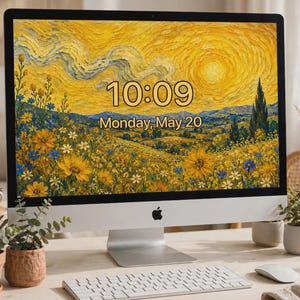 Può includere: Un computer desktop all-in-one argentato con uno schermo che mostra un vivace dipinto impressionista di un campo di girasoli sotto un sole vorticoso nei toni del giallo e del blu, con l'orario 10:09 e la data lunedì 20 maggio.