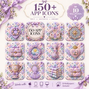 150+ quiltade pastellfärgade iPhone-appikoner, iOS-tema-appikoner, lila appikoner för Android, appikoner (digital nedladdning)