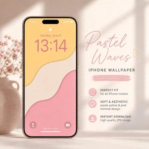 May include: A smartphone displaying a digital wallpaper with wavy layers of pastel yellow, cream, and pink. Text on the right reads: Pastel Waves, IPHONE WALLPAPER, Lushvistagrow LVG, PERFECT FIT for all iPhone models, SOFT & AESTHETIC, INSTANT DOWNLOAD.