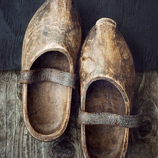 Wooden Shoes 8x10 clogs wall art brown and blue vintage antiques