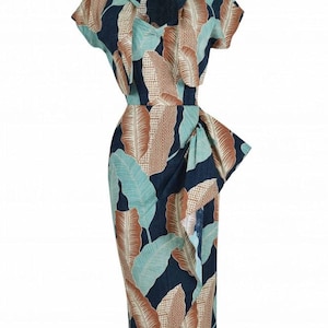 May include: A navy blue dress with a tropical leaf pattern in shades of brown and teal. The dress features short sleeves, a collared neckline, and a wrap-style skirt with a side tie. The dress is a midi length.