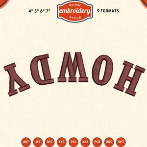 May include: A machine embroidery design featuring the word "HOWDY" in a brown, stitched font. The design includes the text "MACHINE embroidery DESIGN" in a red and white banner, and lists various file formats. The design sizes are 4", 5", 6", and 7".