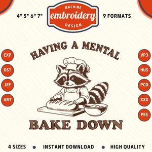 Having a mental bake down Embroidery File, Retro Autistic Raccoon Embroidery Design, DST PES File for Embroidery Machine