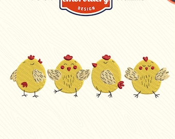 May include: Machine embroidery design featuring four yellow chick designs with red combs and small wings. The text on the image reads "4", "5", "6", "7" and "9 FORMATS". The design includes the text "MACHINE embroidery DESIGN".