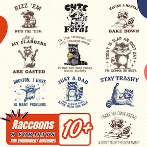 10 funny raccoons Embroidery file, funny sayings embroidery design, Bundle For Embroidery Machine, DST PES File, 4x4 Hoop Design