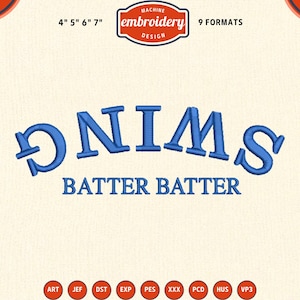Peut inclure: Motif brodé bleu avec le mot "ONIMS" au-dessus de "BATTER BATTER". Le motif est pour la broderie machine et est disponible en 9 formats. Le motif est disponible en tailles de 10, 13, 15 et 18 cm.
