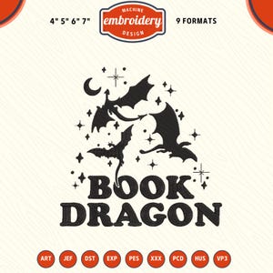 Può includere: Design per ricamo a macchina con una silhouette di drago nero, stelle e una luna crescente. Il testo "BOOK DRAGON" è sotto. Include più formati e dimensioni di file.