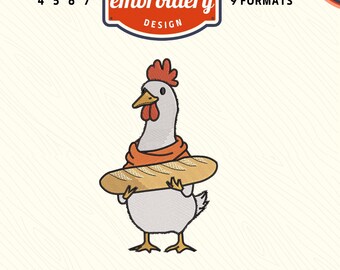 Cute Chicken with baguette Machine Embroidery File, Funny Chicken Embroidery Design, DST PES File for Embroidery Machine