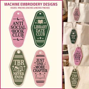 Op de afbeelding: Machine borduurontwerpen van sleutelhangers met boeken als thema. De sleutelhangers zijn roze, groen en beige, met teksten als "Anti Social Book Club" en "Library Date Club". Beschikbare maten: 10,16, 12,7, 15,24 en 17,78 cm.